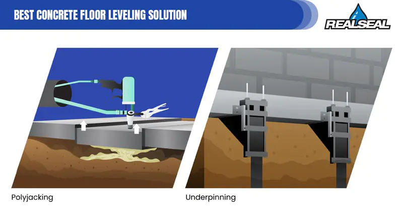 There are two ways to level an uneven basement floor: polyjacking and underpinning.