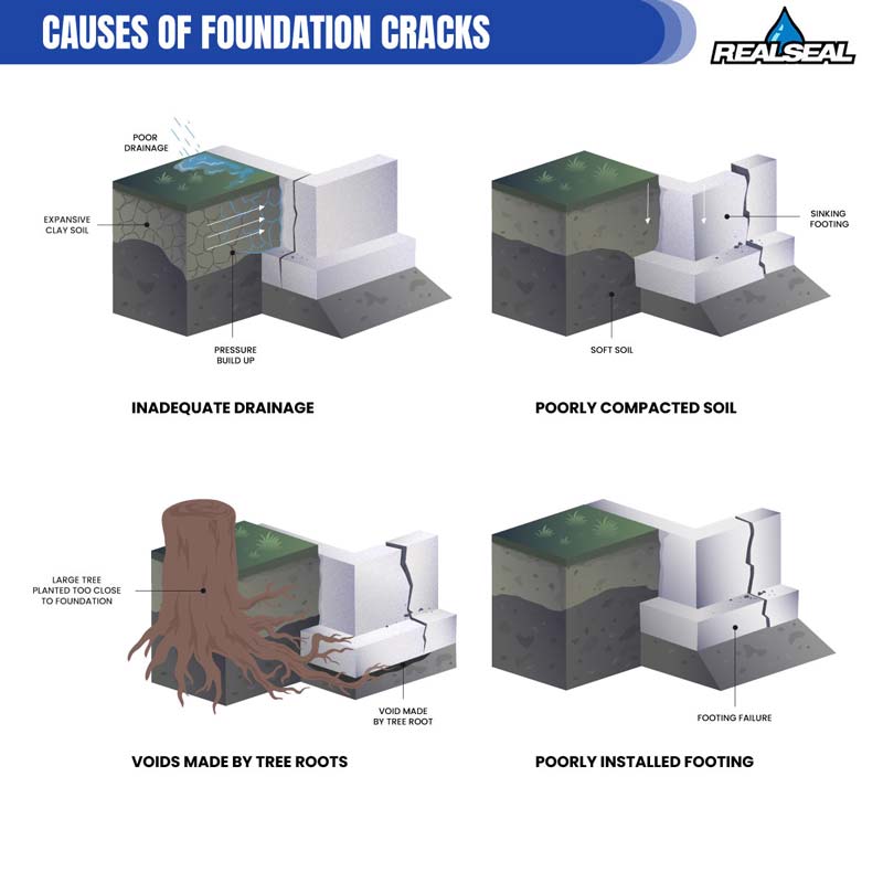 The most common cause of foundation cracks is soil movement and expansion, if the soil is rich in clay.