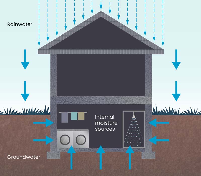 Dampness in a basement is caused by three main things: water infiltration, interior moisture sources like unvented clothes dryers, and open windows.